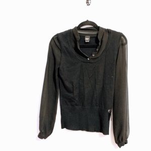Esprit black collared top with full sleeves that are sheer and faux layered appe